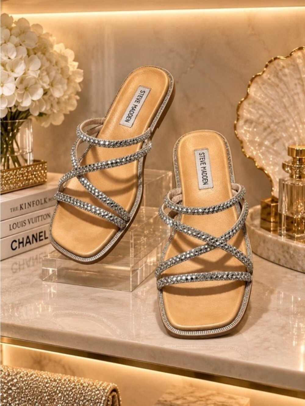 Steve Madden SPICE Bling Rhinestone Strappy Slide Sandals Silver Y2K Size 6